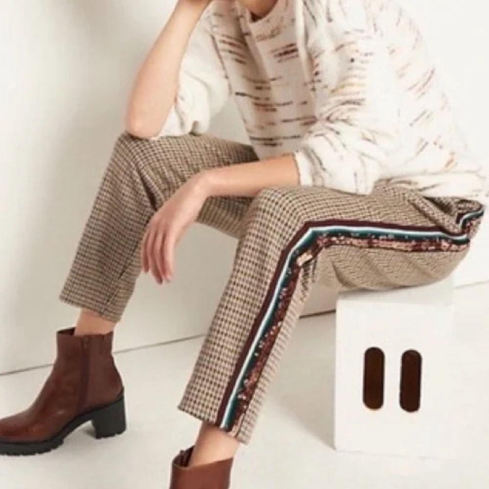 ANTHROPOLOGIE MAEVE Bettie Sequin Tuxedo Pants Pull On Trousers Houndstooth